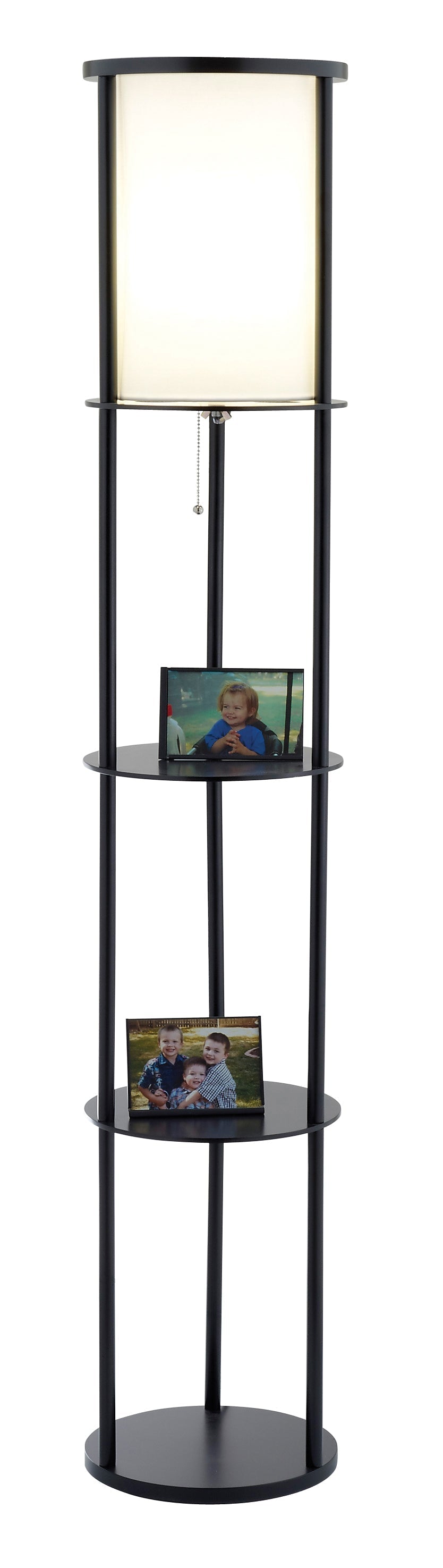 HomeRoots Floor Lamp with Circular Storage Shelves in Black Wood Finish