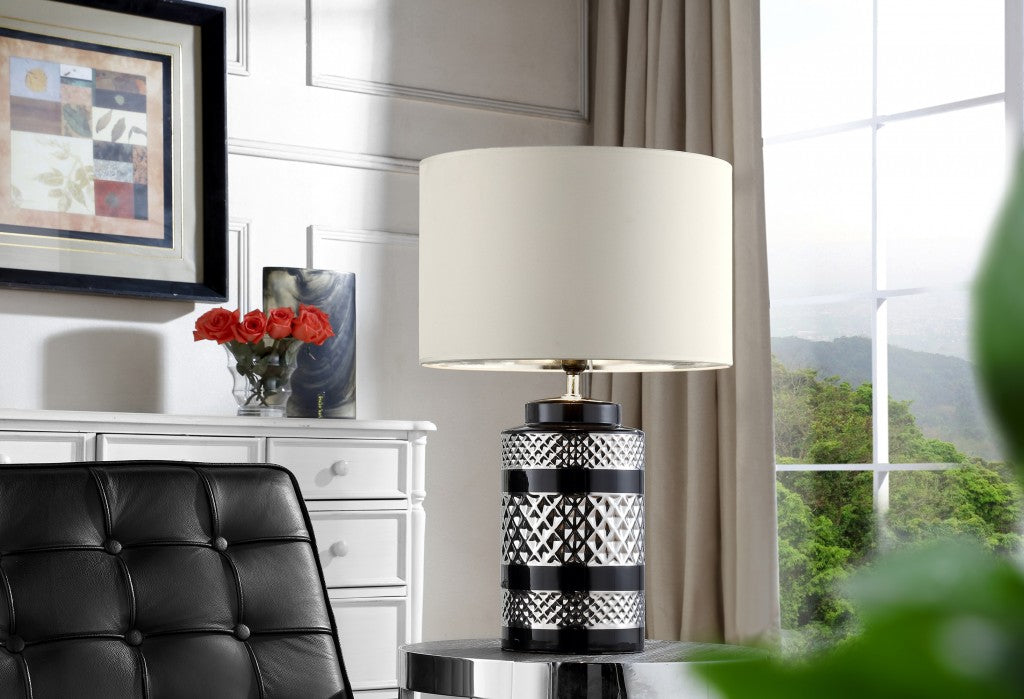 HomeRoots Glam Chevron Ceramic And Metal Table Lamp in Black and Chrome Finish
