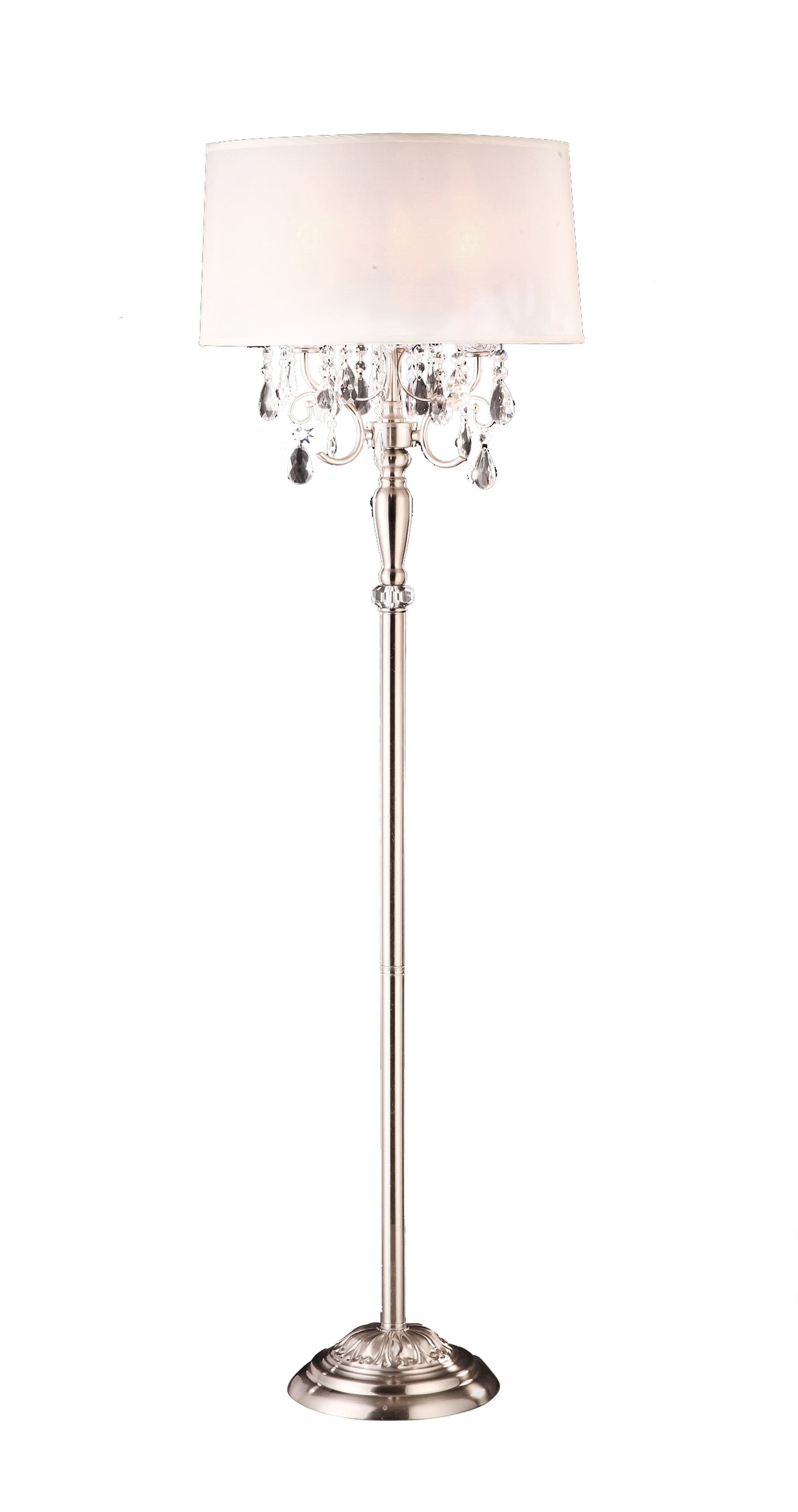 HomeRoots Glamorous Faux Crystal Candleabra Metal Floor Lamp in Silver Finish