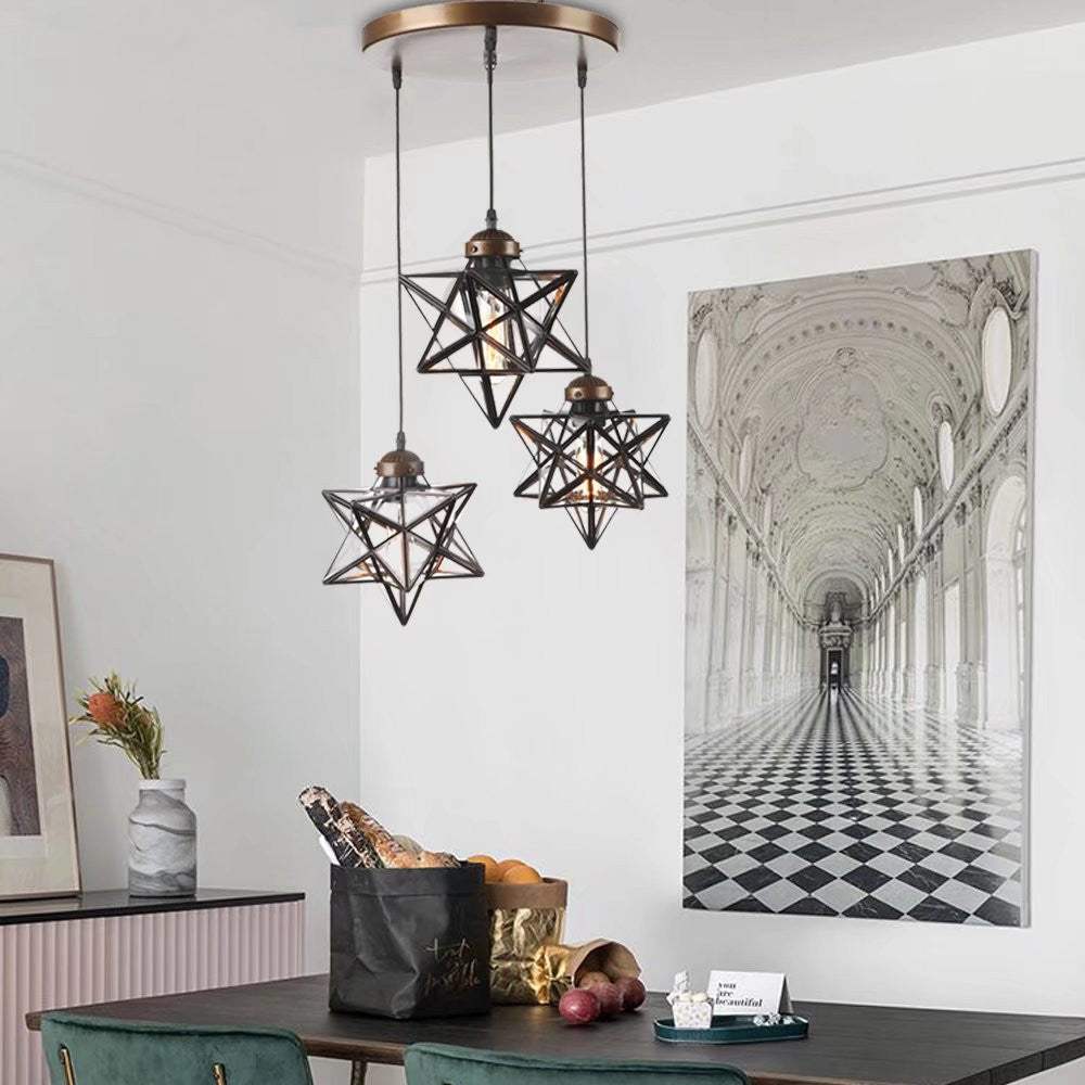 HomeRoots Glass Star Geometric Hanging Lamp in Brown Metal Finish