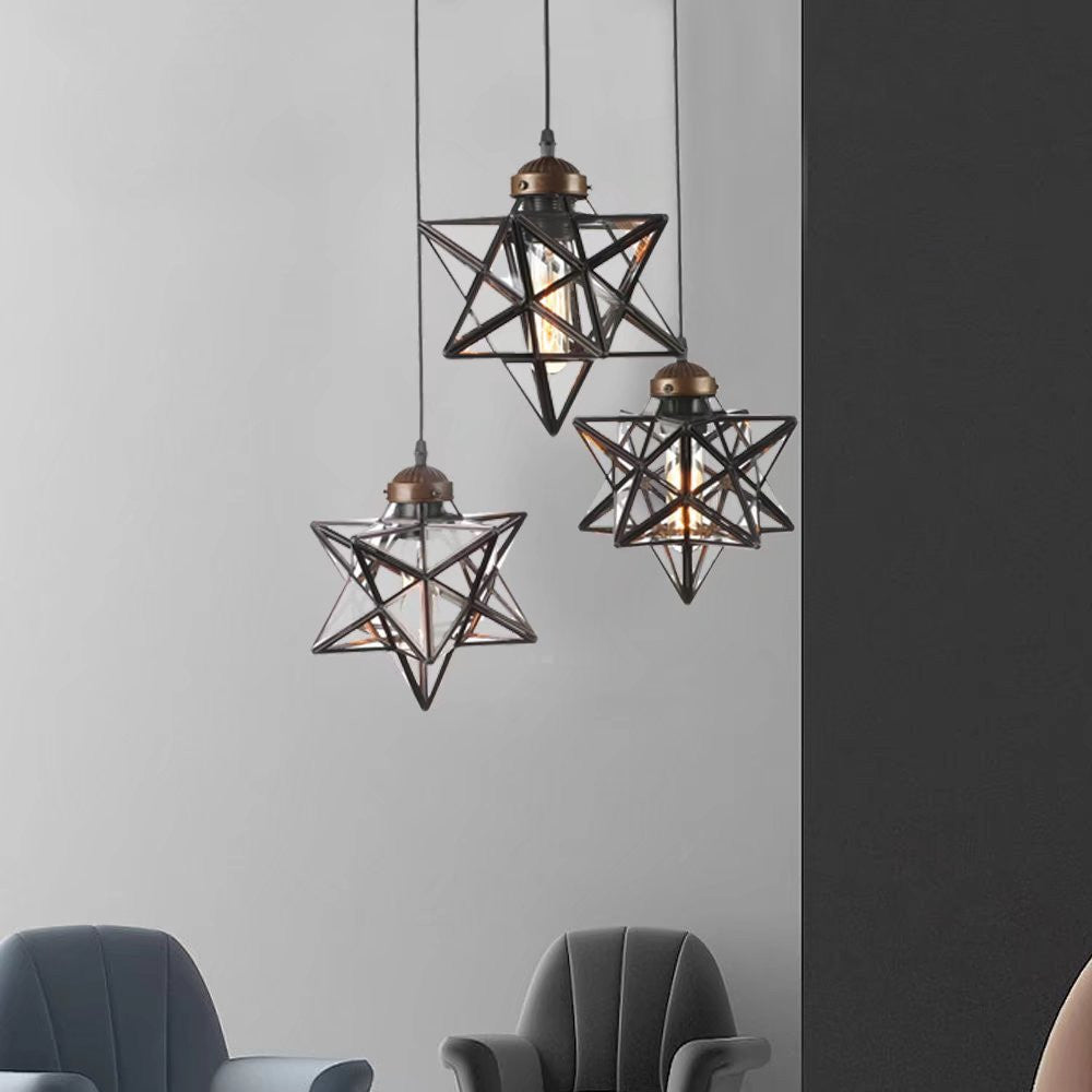 HomeRoots Glass Star Geometric Hanging Lamp in Brown Metal Finish