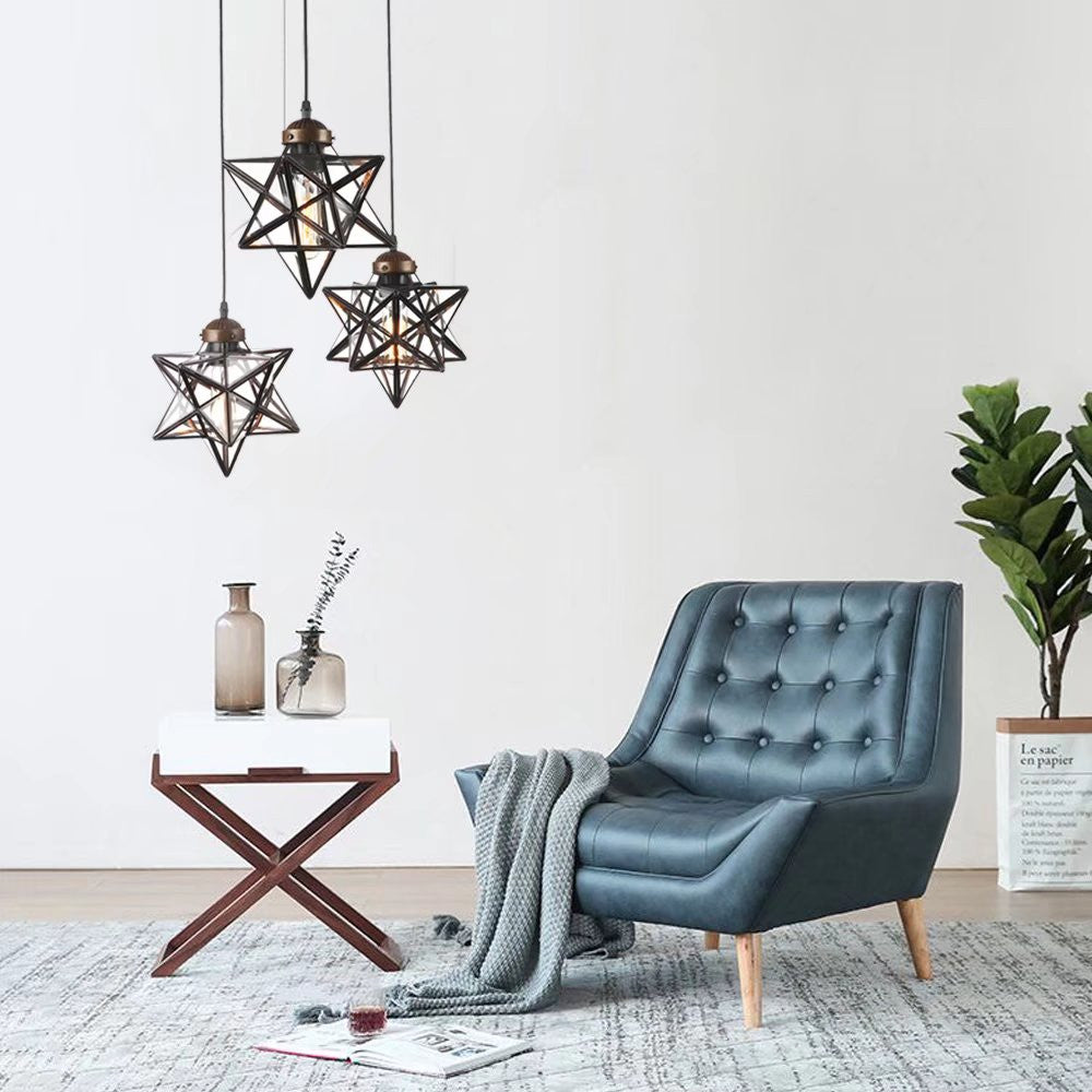 HomeRoots Glass Star Geometric Hanging Lamp in Brown Metal Finish