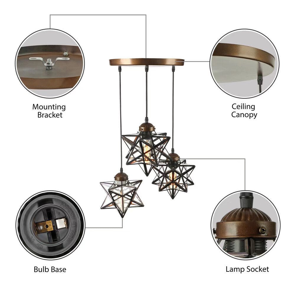 HomeRoots Glass Star Geometric Hanging Lamp in Brown Metal Finish