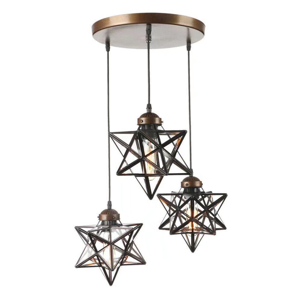 HomeRoots Glass Star Geometric Hanging Lamp in Brown Metal Finish