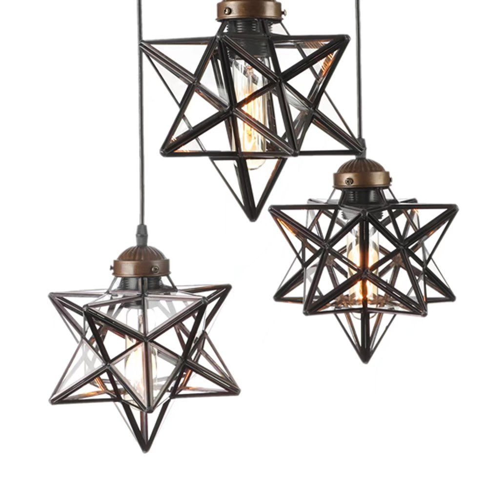 HomeRoots Glass Star Geometric Hanging Lamp in Brown Metal Finish