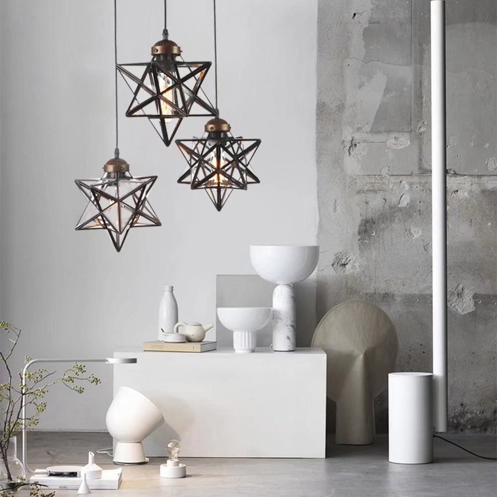 HomeRoots Glass Star Geometric Hanging Lamp in Brown Metal Finish