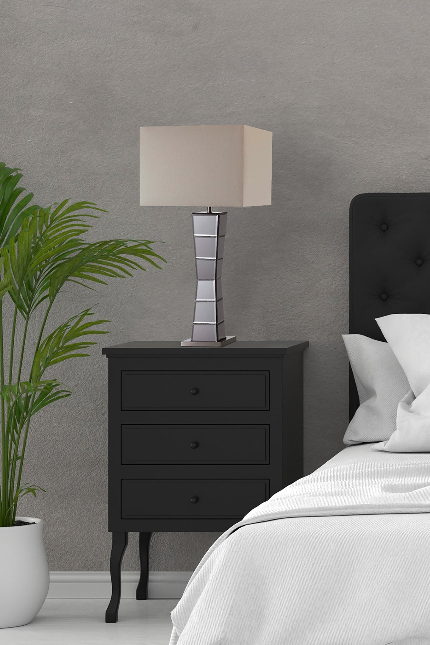 HomeRoots Glass Tower Table Lamp With Beige Fabric Shade in Black Finish