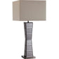 HomeRoots Glass Tower Table Lamp With Beige Fabric Shade in Black Finish