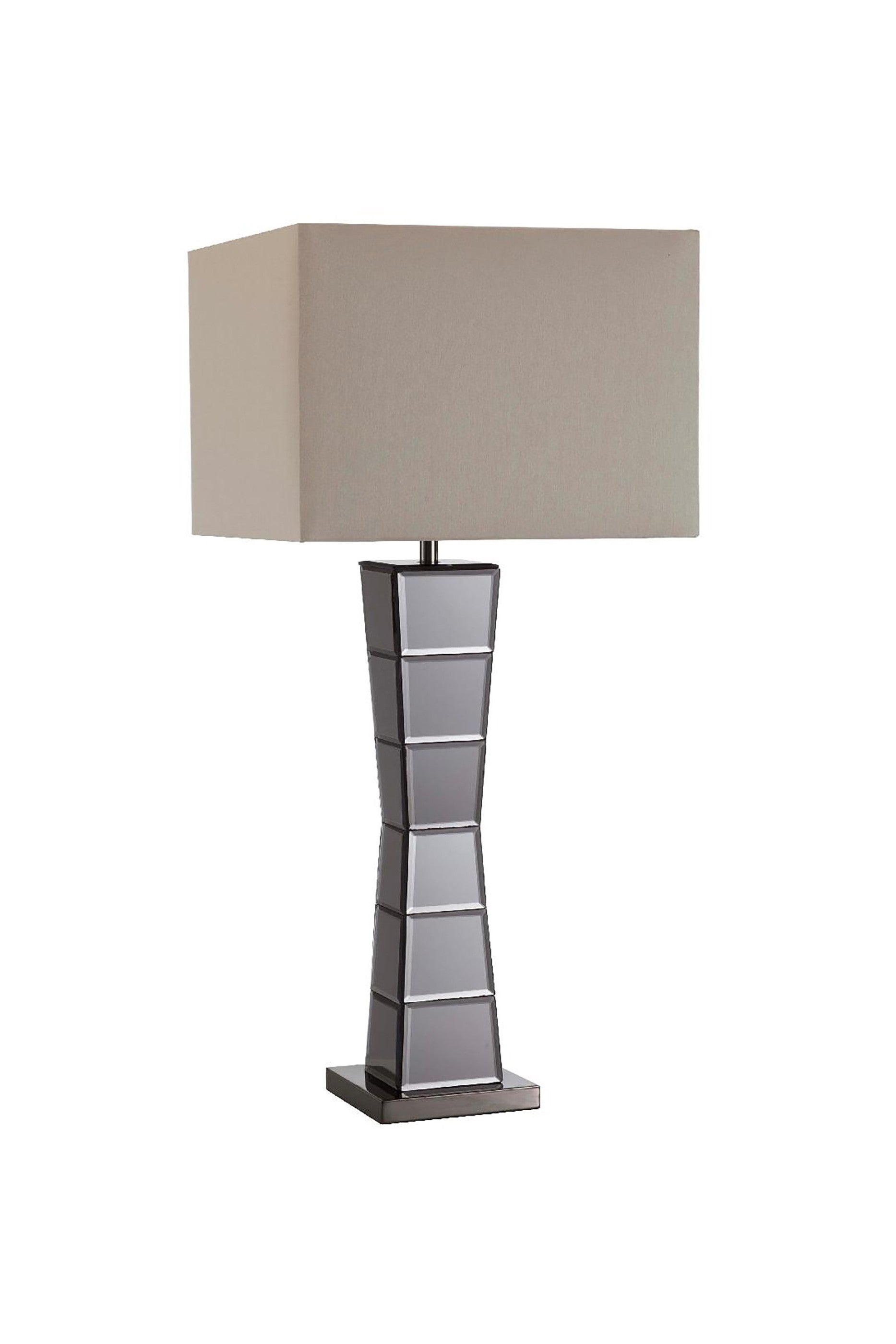 HomeRoots Glass Tower Table Lamp With Beige Fabric Shade in Black Finish