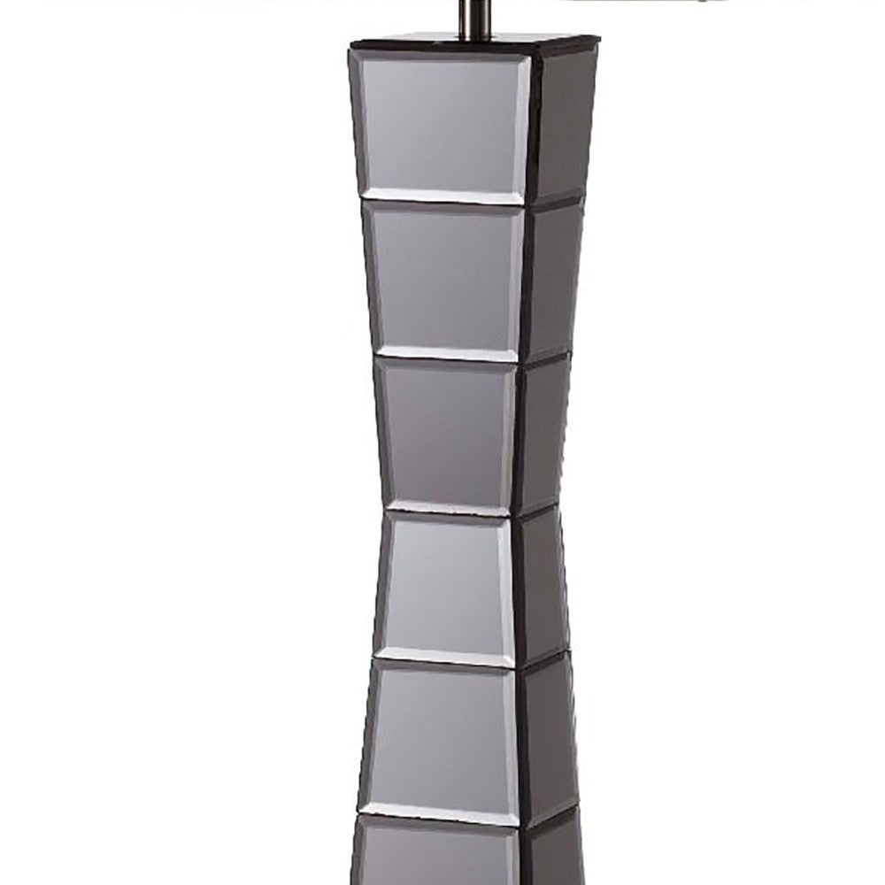 HomeRoots Glass Tower Table Lamp With Beige Fabric Shade in Black Finish