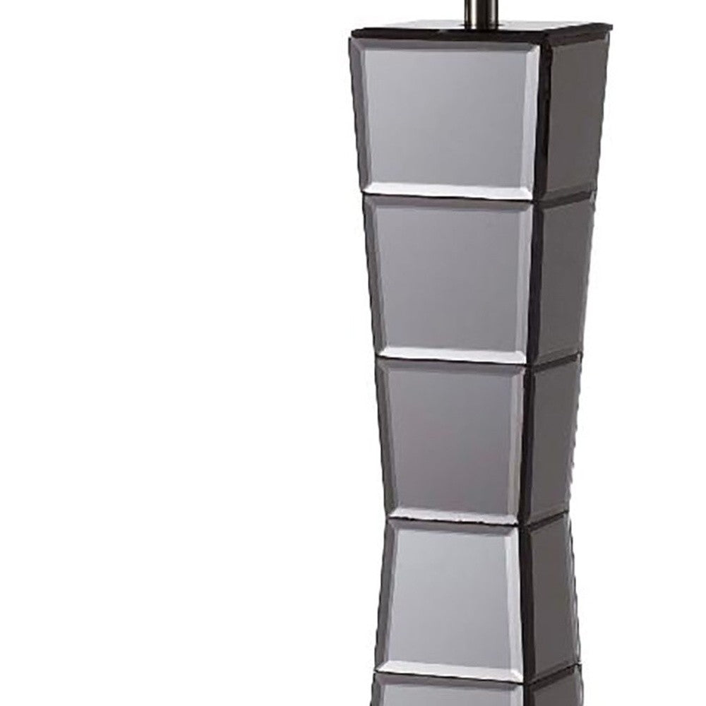 HomeRoots Glass Tower Table Lamp With Beige Fabric Shade in Black Finish