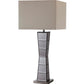 HomeRoots Glass Tower Table Lamp With Beige Fabric Shade in Black Finish