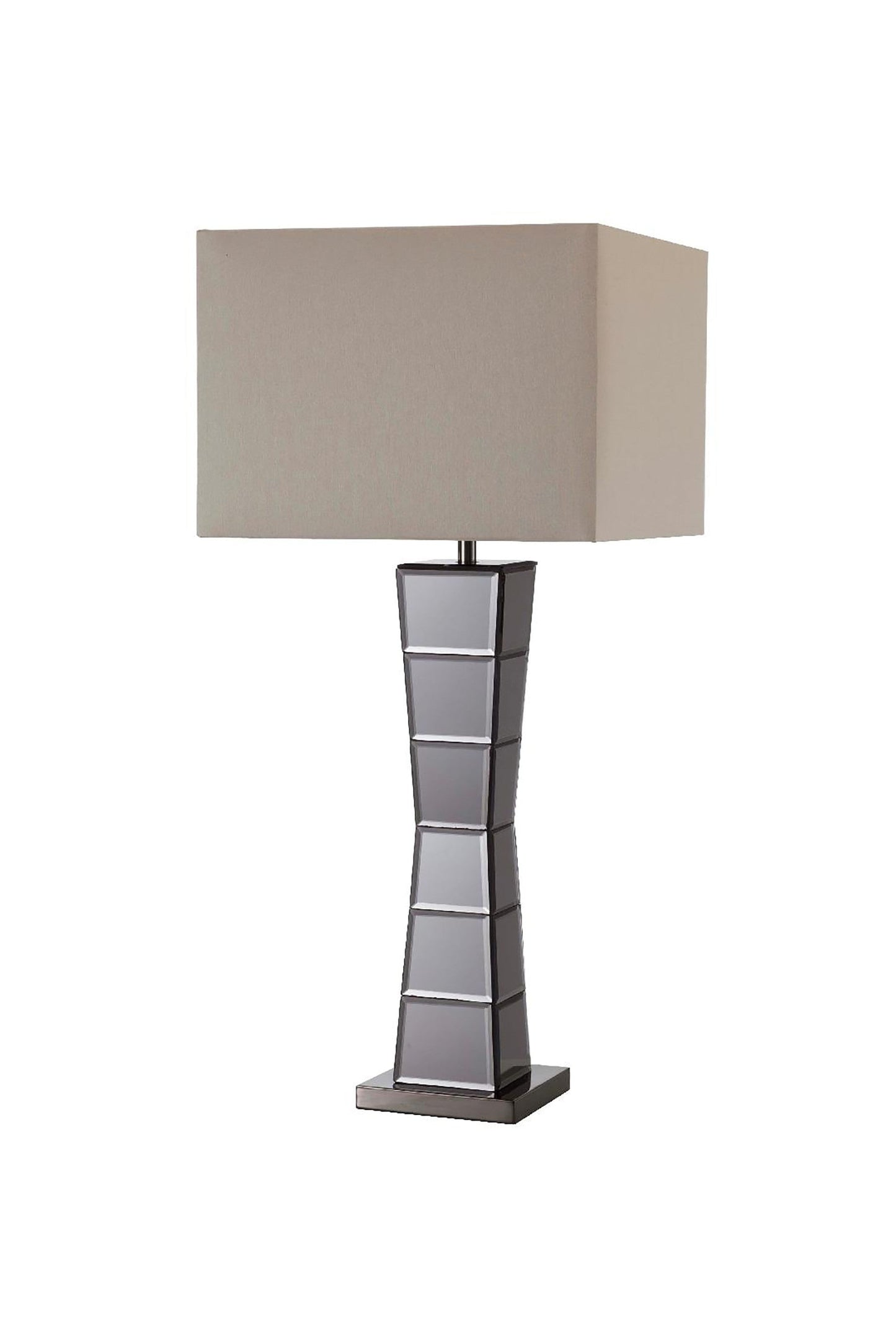 HomeRoots Glass Tower Table Lamp With Beige Fabric Shade in Black Finish