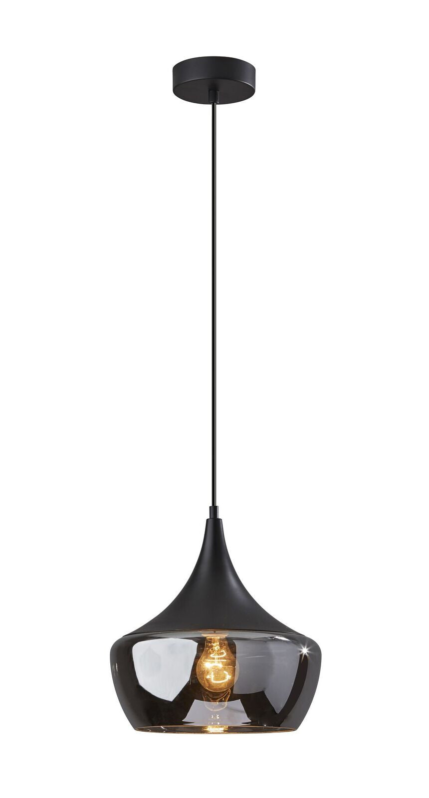 HomeRoots Gnome Smoked Glass Pendant Lamp With Black Metal Finish