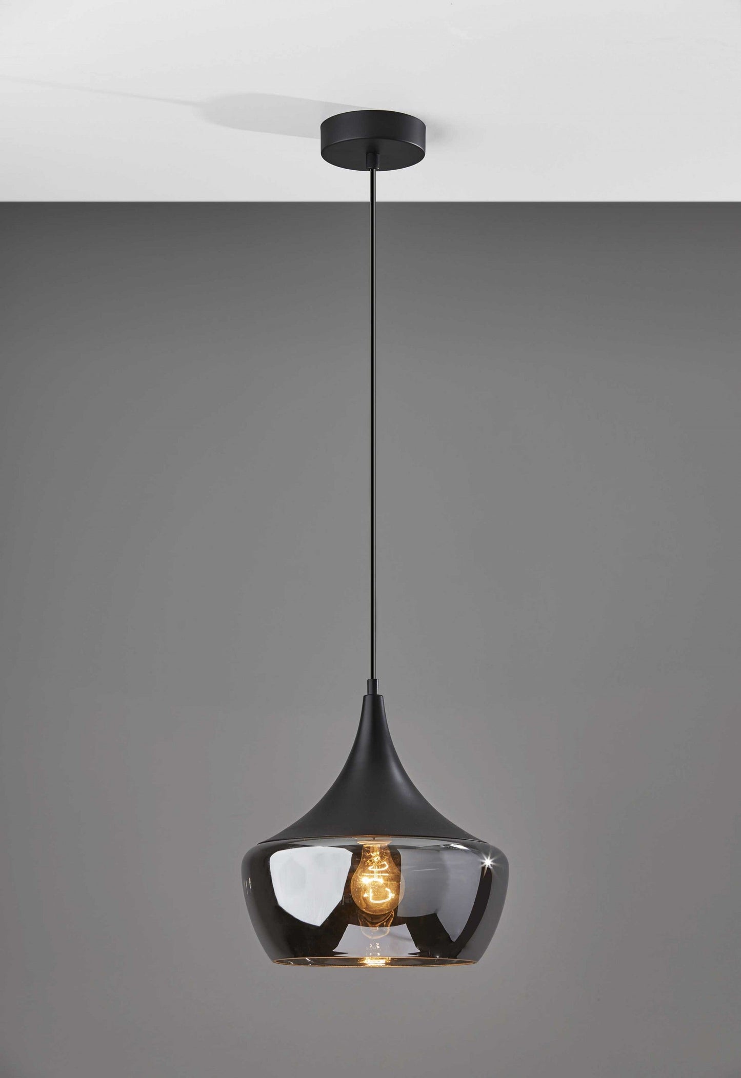 HomeRoots Gnome Smoked Glass Pendant Lamp With Black Metal Finish