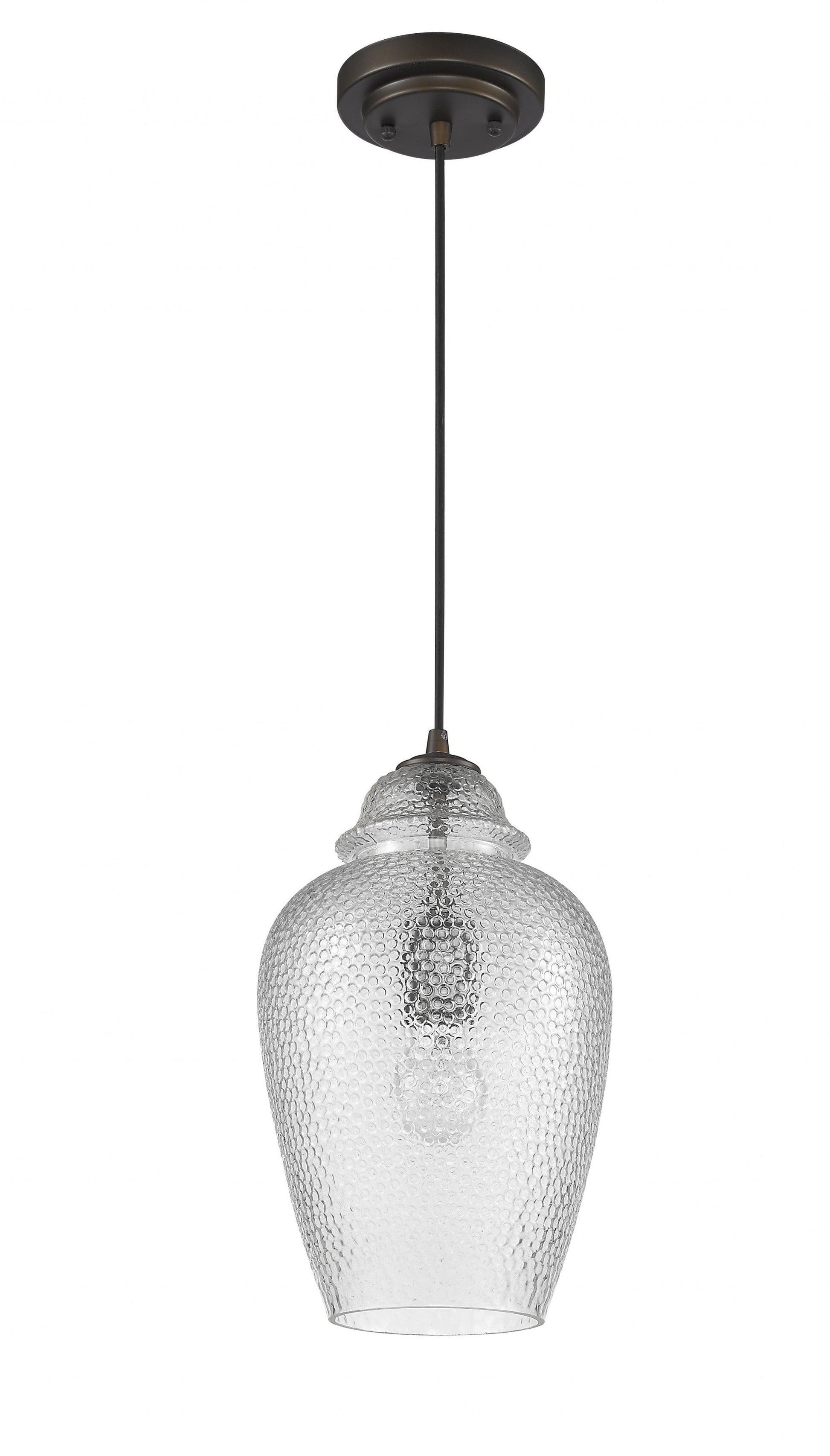 HomeRoots Hanging Light With Textured Glass Shade in Antique Bronze Finish