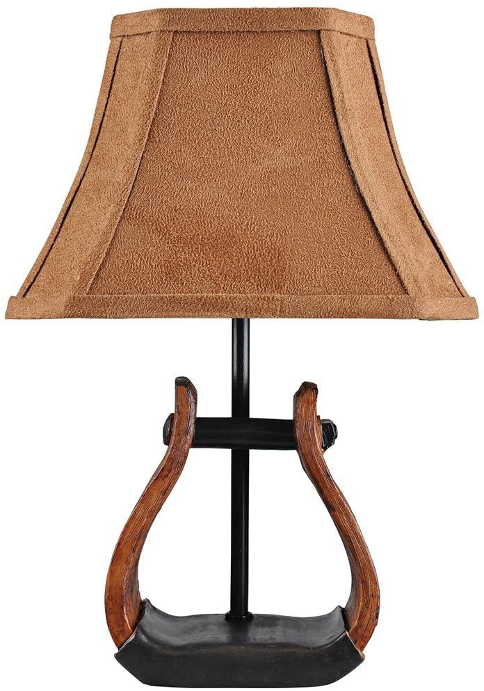HomeRoots Horse Stirrup Accent Lamp With Faux Suede Brown Shade
