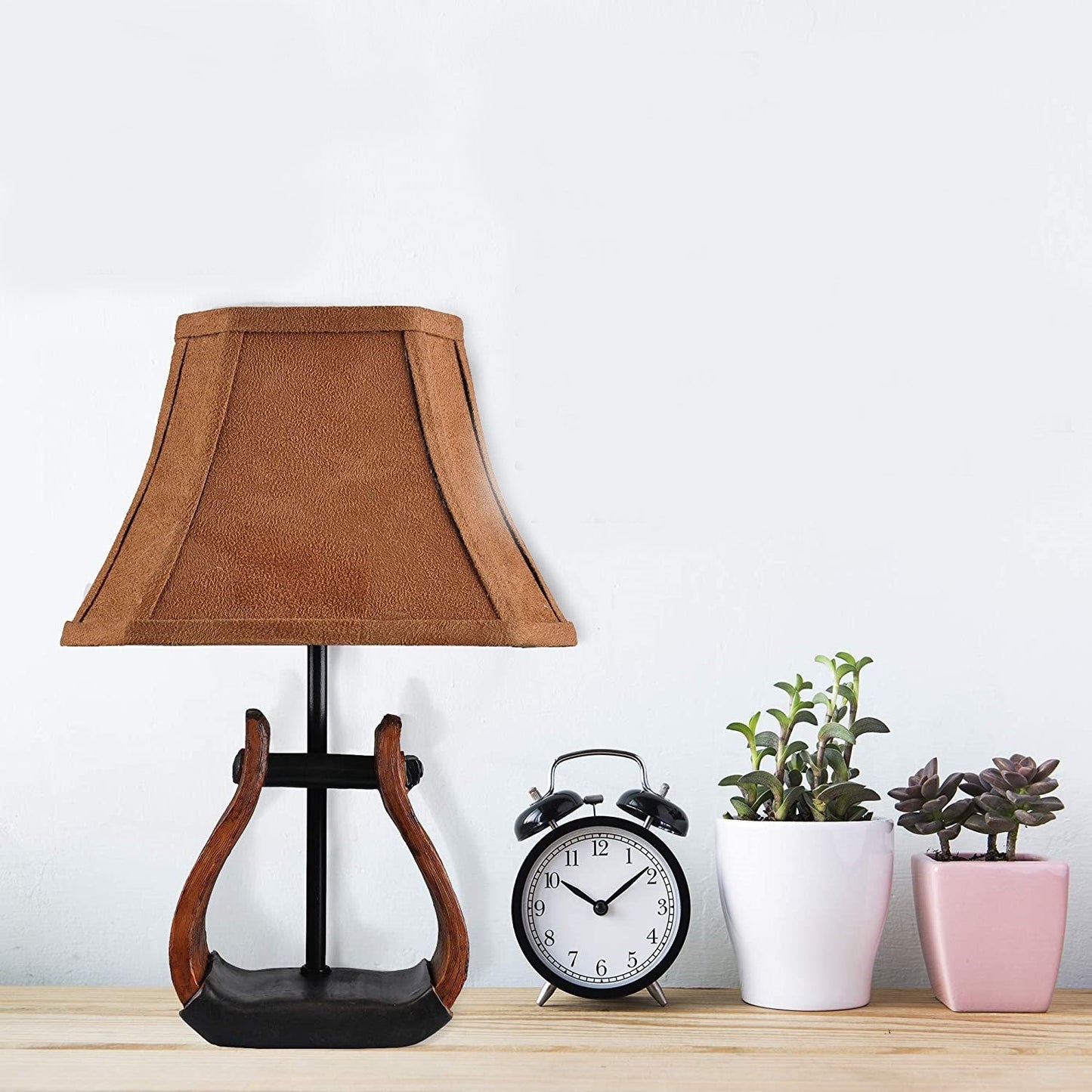 HomeRoots Horse Stirrup Accent Lamp With Faux Suede Brown Shade