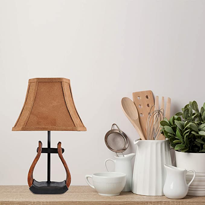 HomeRoots Horse Stirrup Accent Lamp With Faux Suede Brown Shade