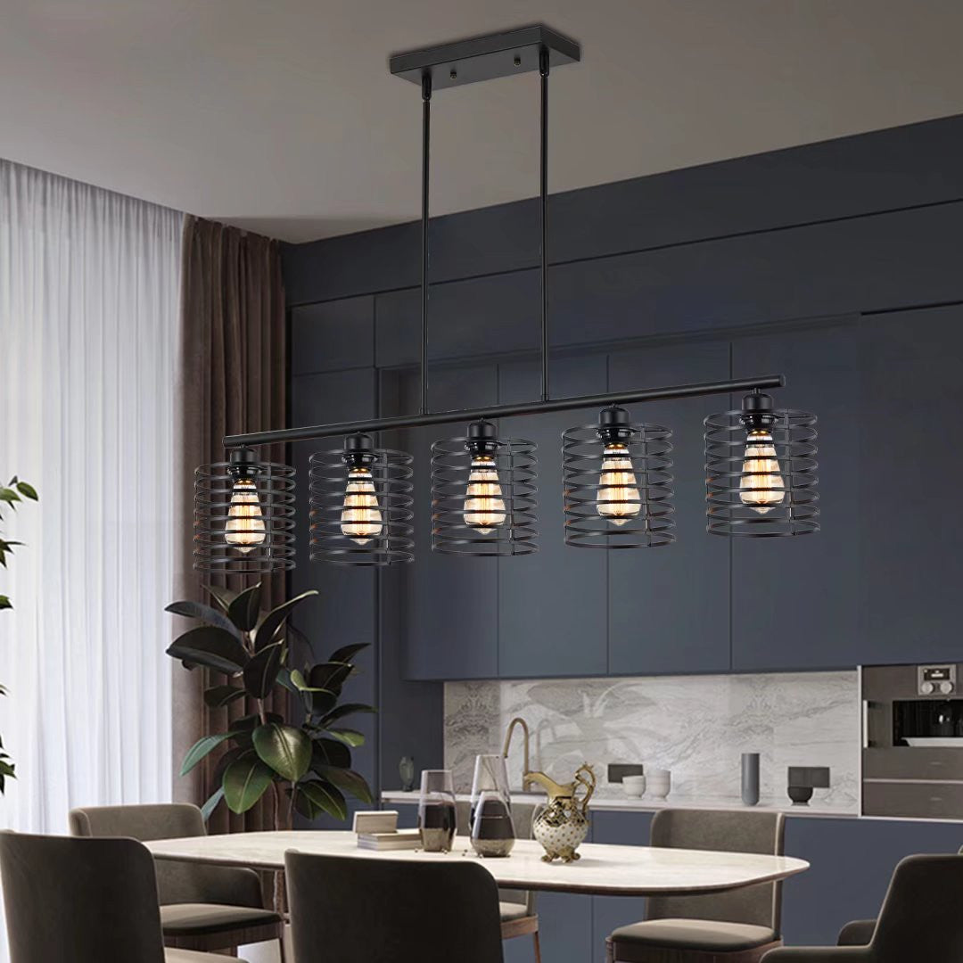 HomeRoots Industrial Cage Five Light Metal Pendant Chandelier in Black Finish