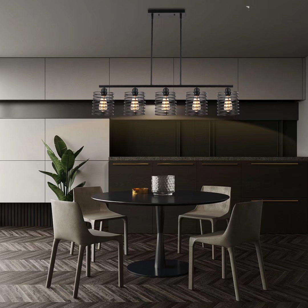 HomeRoots Industrial Cage Five Light Metal Pendant Chandelier in Black Finish