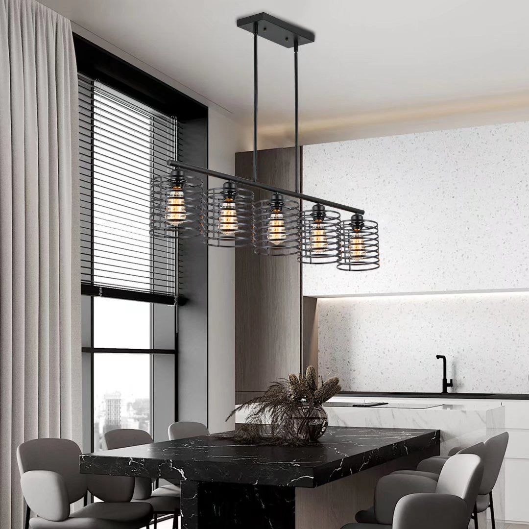 HomeRoots Industrial Cage Five Light Metal Pendant Chandelier in Black Finish