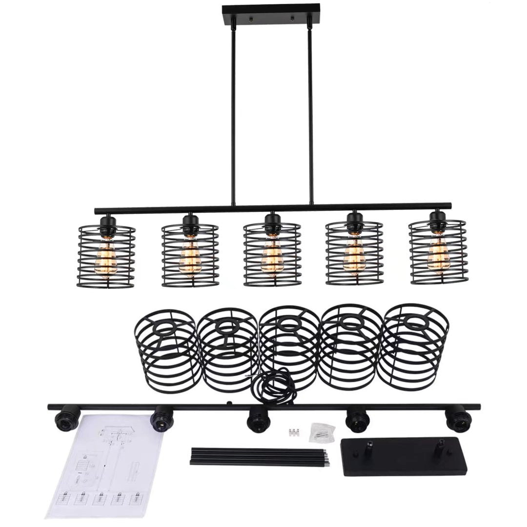HomeRoots Industrial Cage Five Light Metal Pendant Chandelier in Black Finish
