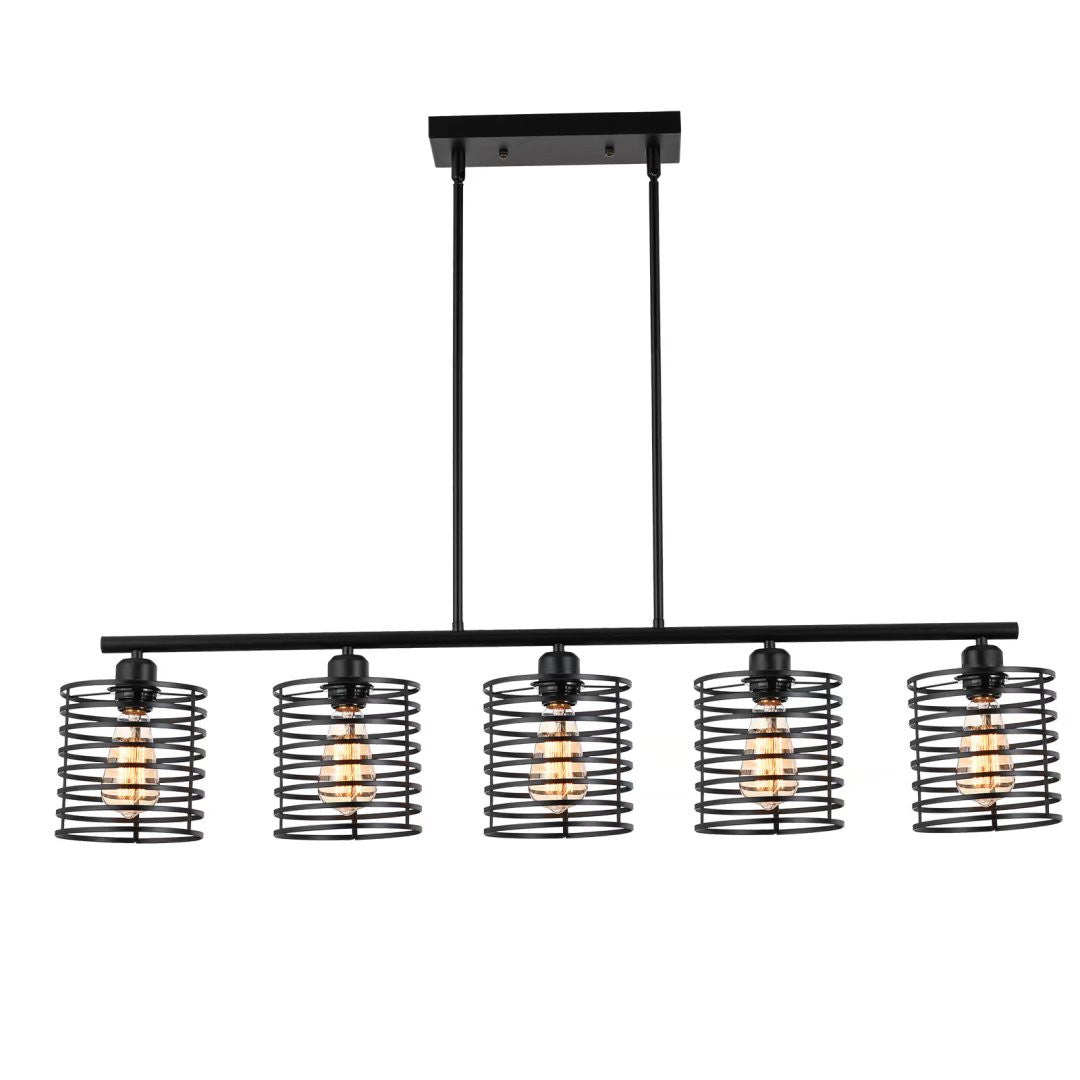 HomeRoots Industrial Cage Five Light Metal Pendant Chandelier in Black Finish