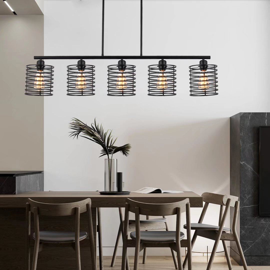 HomeRoots Industrial Cage Five Light Metal Pendant Chandelier in Black Finish