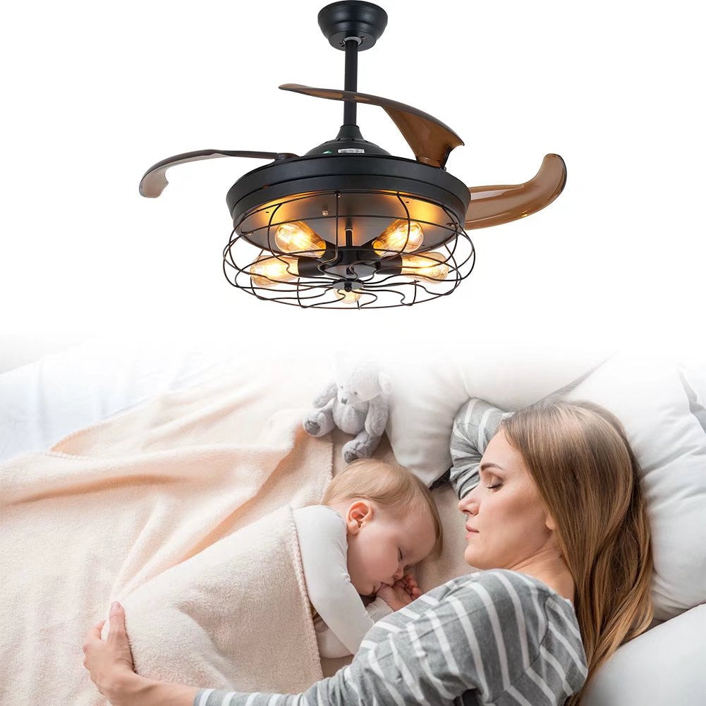 HomeRoots Industrial Caged Ceiling Lamp And Retractable Fan in Black Finish