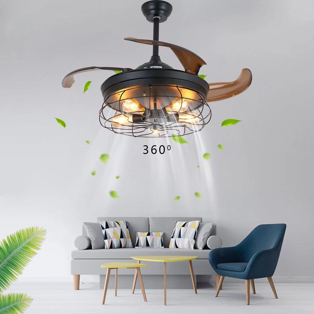 HomeRoots Industrial Caged Ceiling Lamp And Retractable Fan in Black Finish