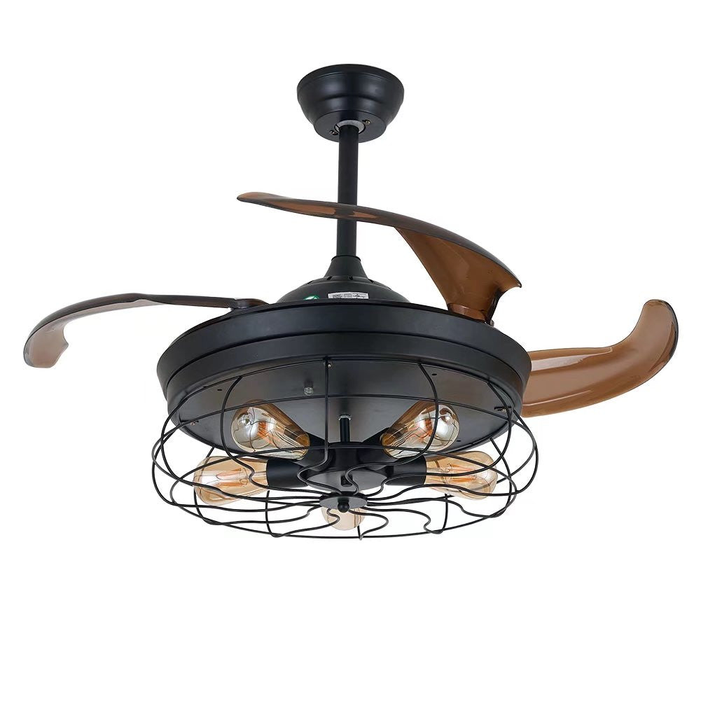 HomeRoots Industrial Caged Ceiling Lamp And Retractable Fan in Black Finish