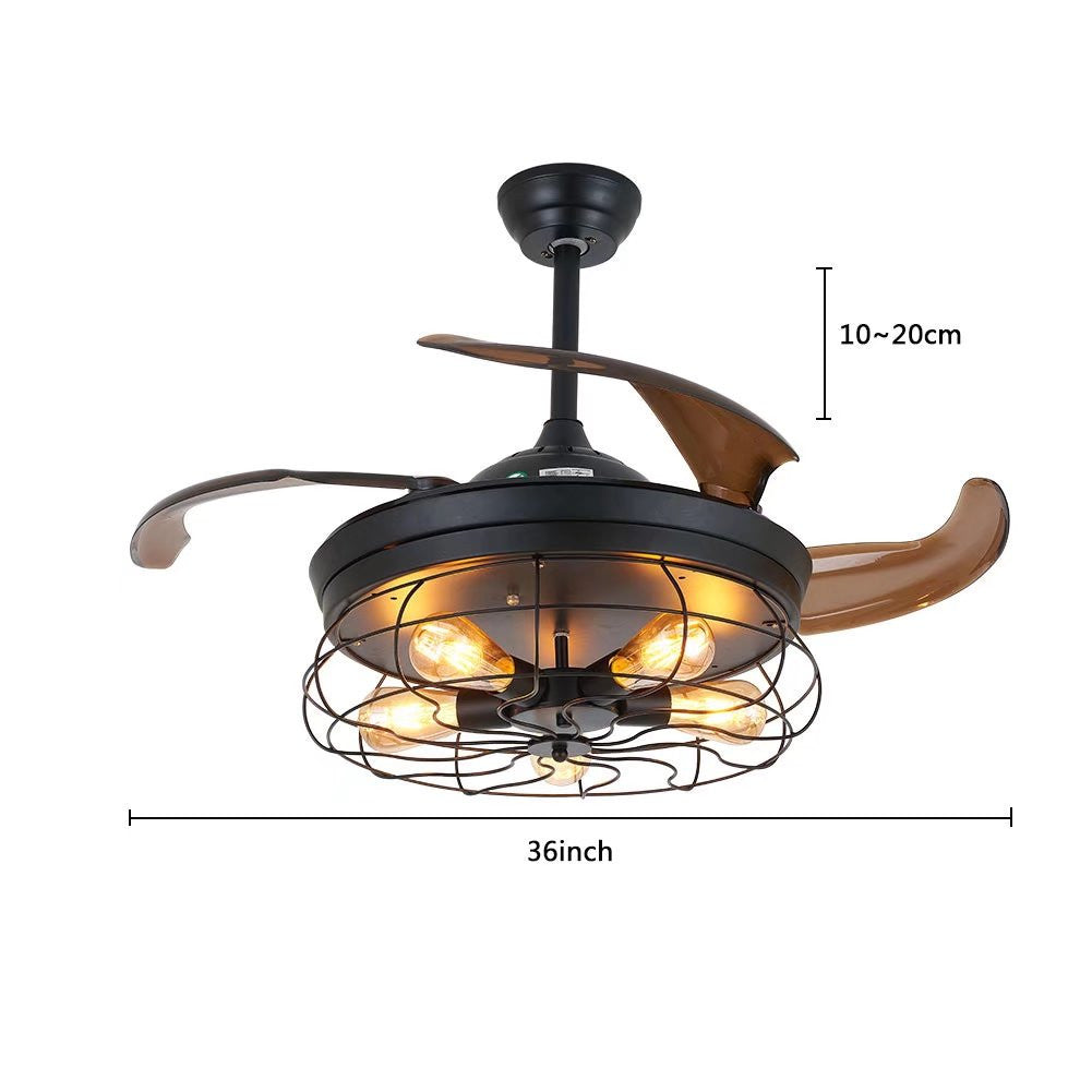 HomeRoots Industrial Caged Ceiling Lamp And Retractable Fan in Black Finish