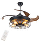 HomeRoots Industrial Caged Ceiling Lamp And Retractable Fan in Black Finish