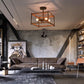 HomeRoots Industrial Wood Square Four Light Ceiling Fixture With Brown and Black Finish