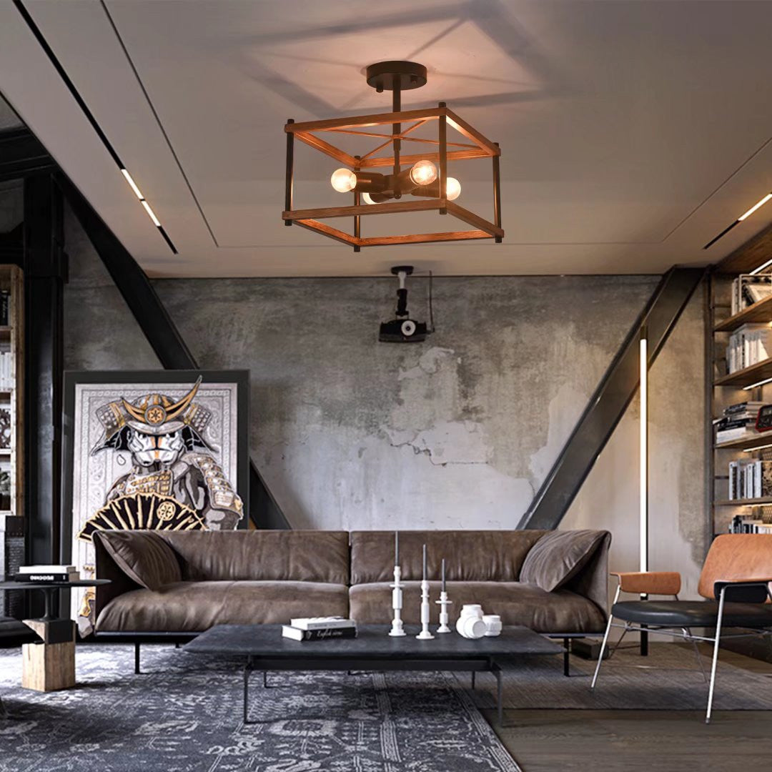 HomeRoots Industrial Wood Square Four Light Ceiling Fixture With Brown and Black Finish