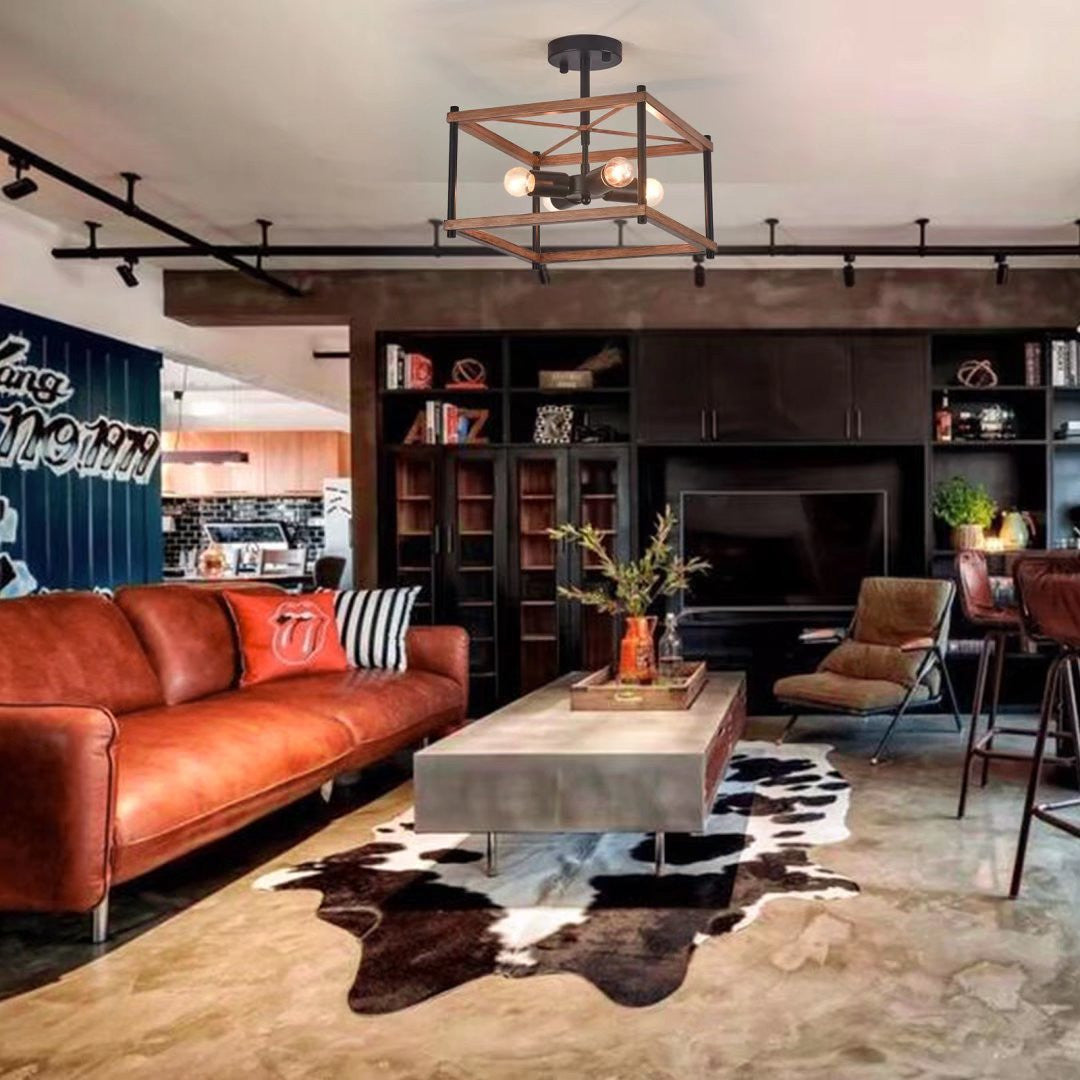 HomeRoots Industrial Wood Square Four Light Ceiling Fixture With Brown and Black Finish