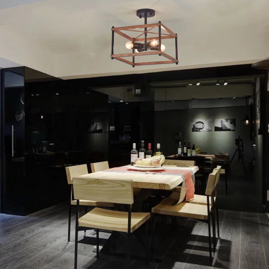 HomeRoots Industrial Wood Square Four Light Ceiling Fixture With Brown and Black Finish