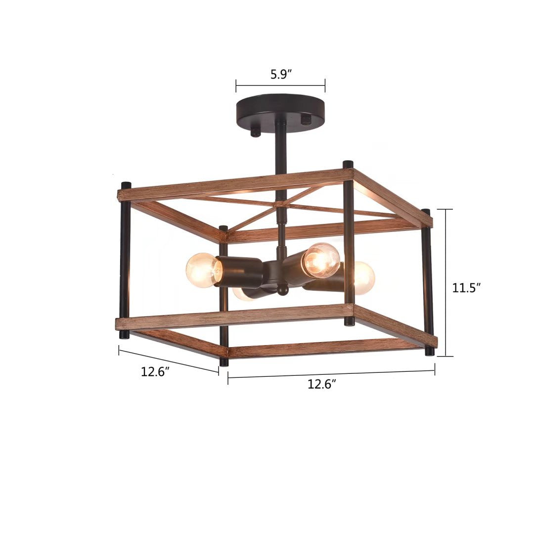 HomeRoots Industrial Wood Square Four Light Ceiling Fixture With Brown and Black Finish