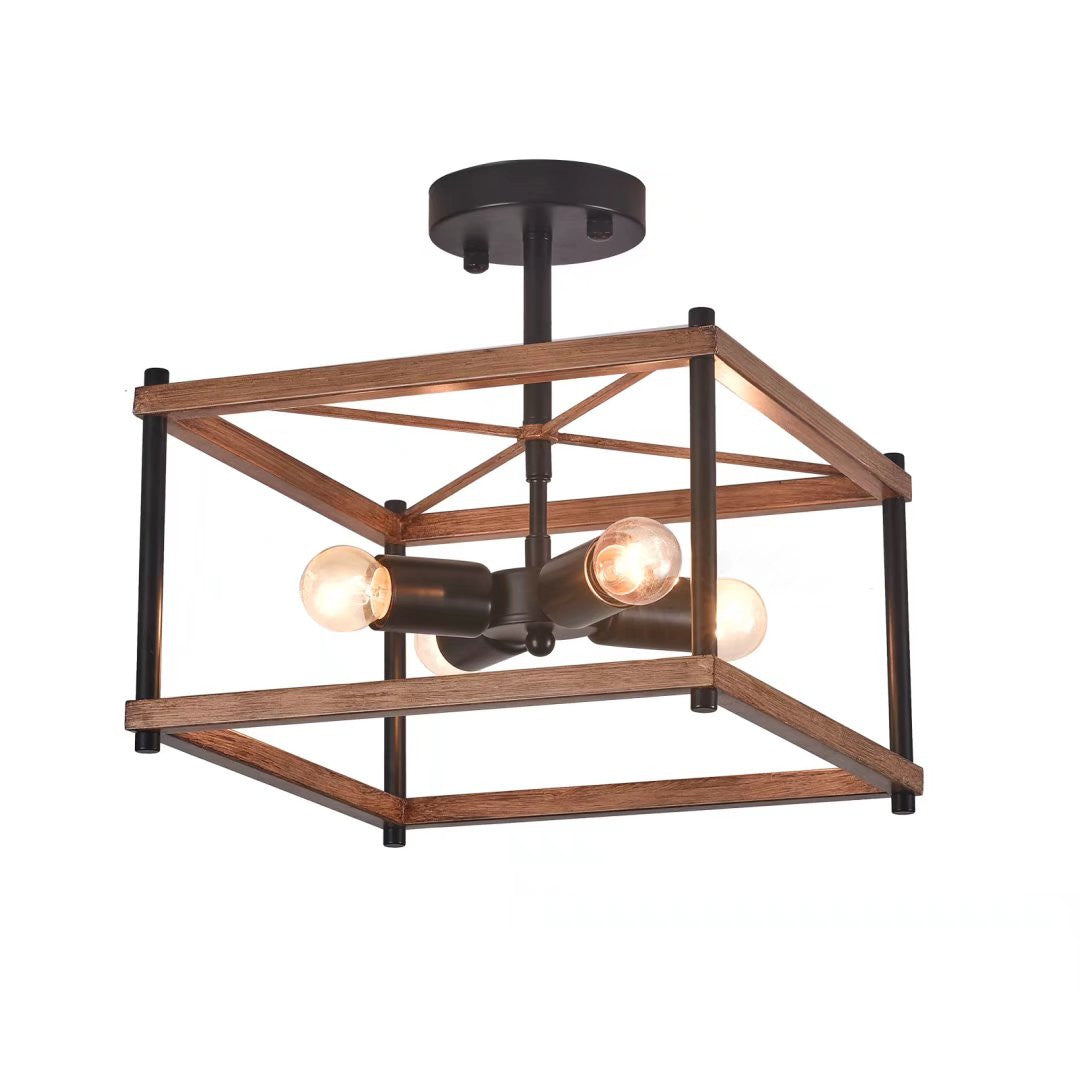 HomeRoots Industrial Wood Square Four Light Ceiling Fixture With Brown and Black Finish