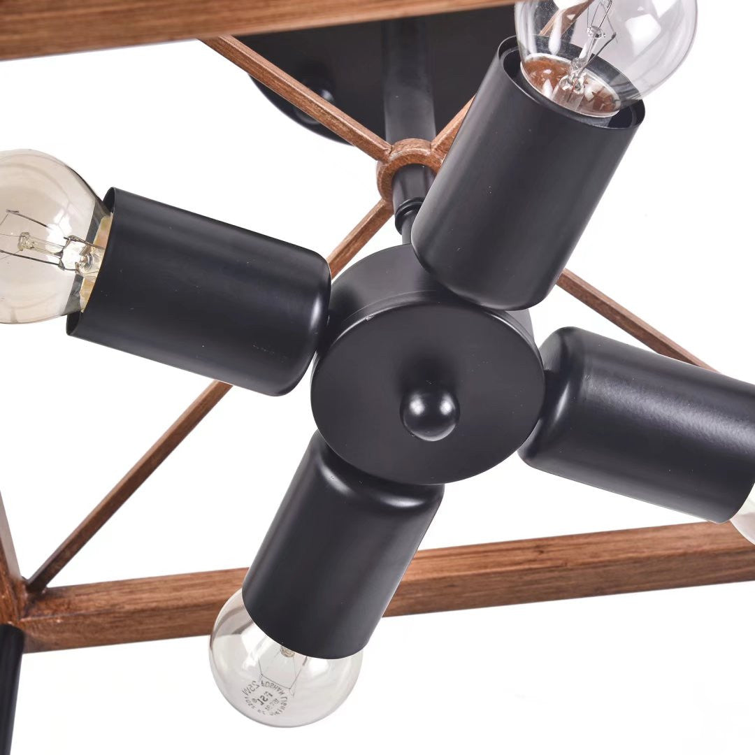 HomeRoots Industrial Wood Square Four Light Ceiling Fixture With Brown and Black Finish