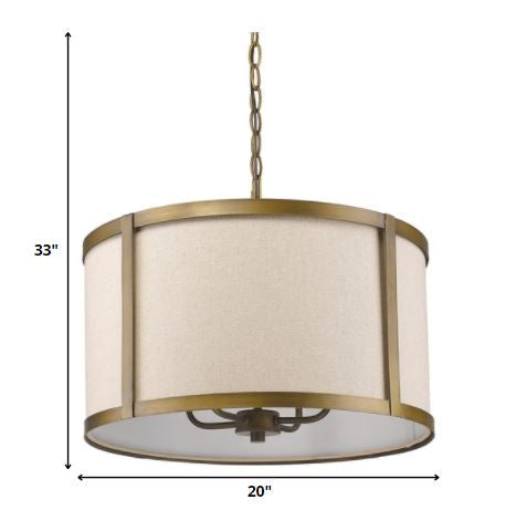 HomeRoots Jessica 4-Light Drum Pendant With Metal Rimmed Fabric Shade in Raw Brass Finish