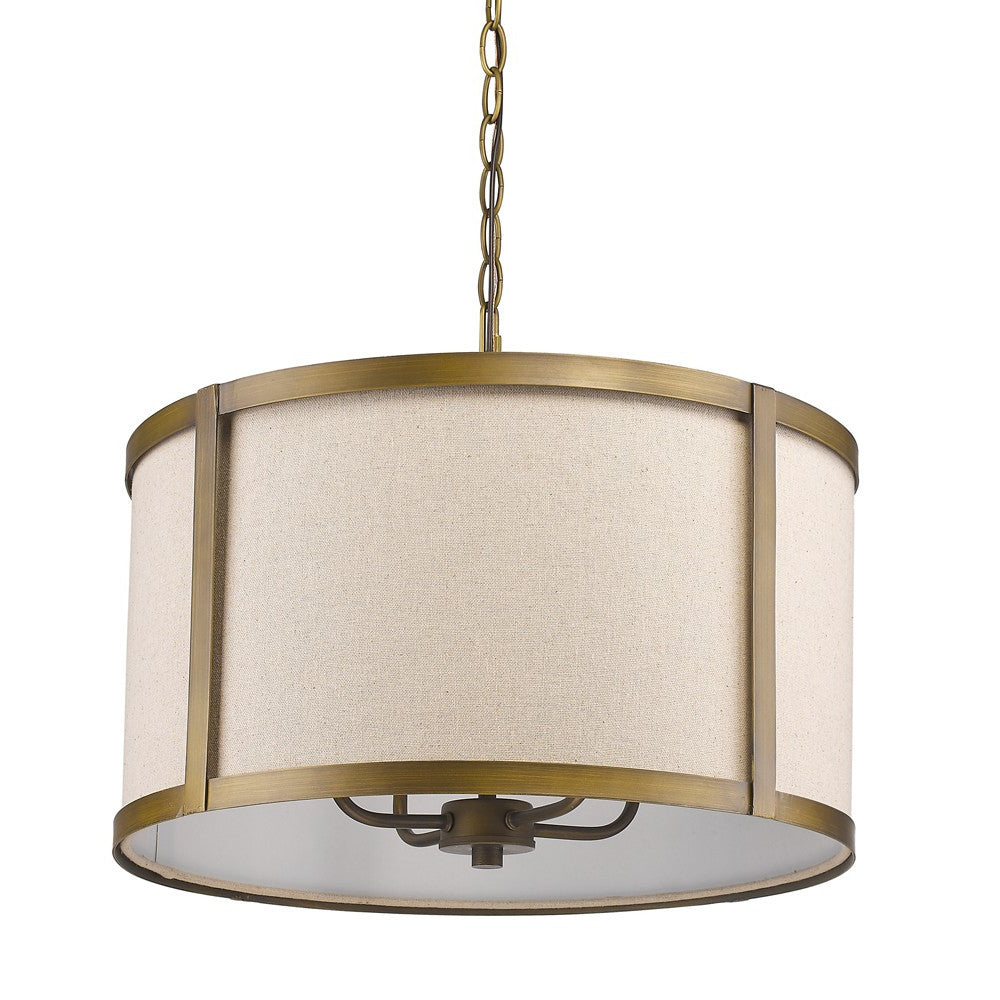 HomeRoots Jessica 4-Light Drum Pendant With Metal Rimmed Fabric Shade in Raw Brass Finish