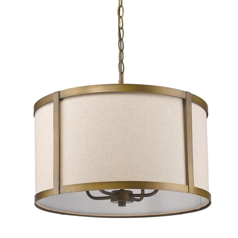 HomeRoots Jessica 4-Light Drum Pendant With Metal Rimmed Fabric Shade in Raw Brass Finish