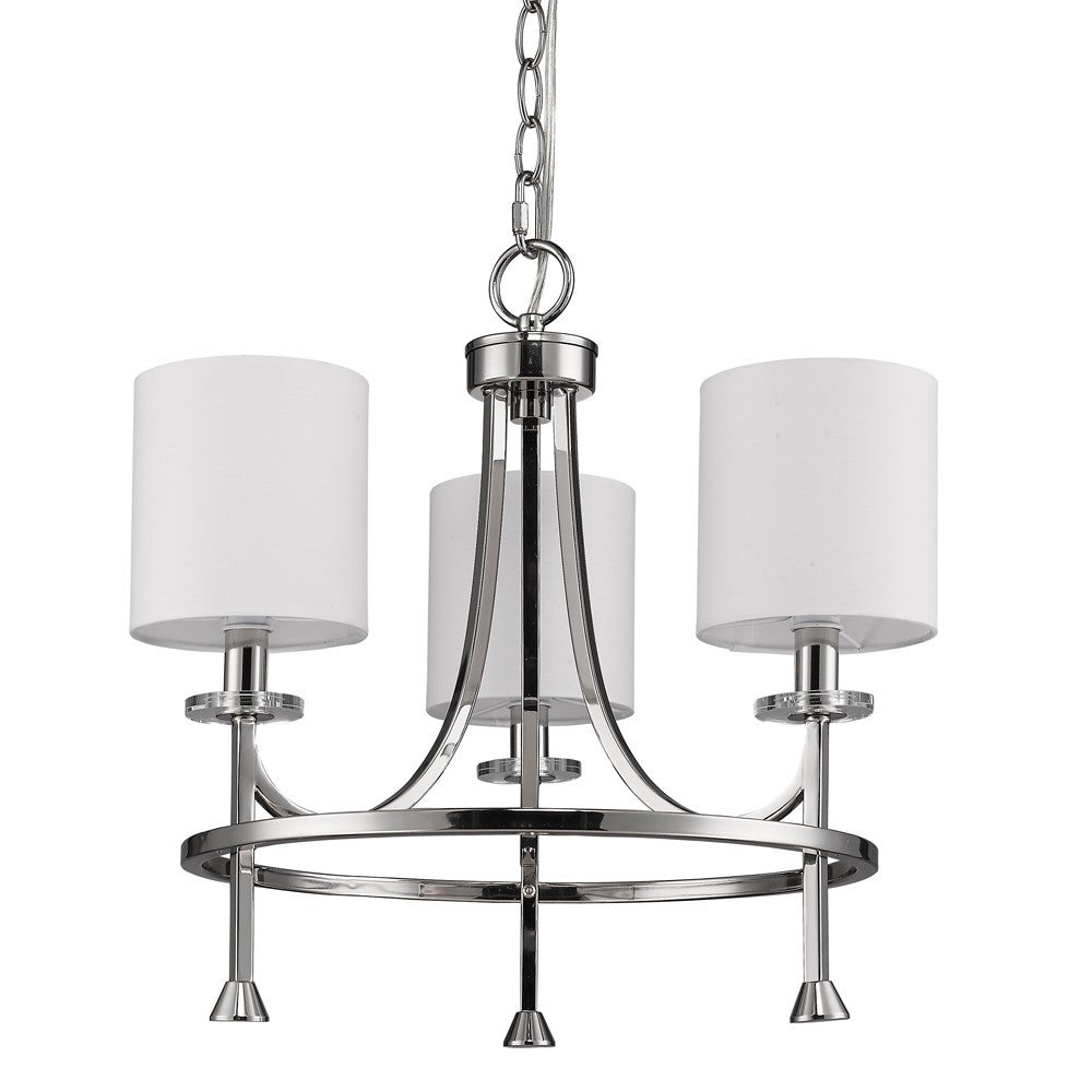 HomeRoots Kara 3-Light Chandelier With Fabric Shades And Crystal Bobeches in Polished Nickel Finish