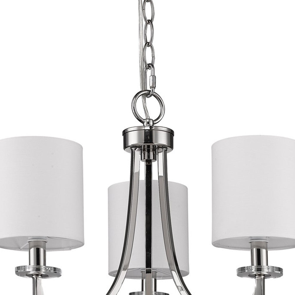 HomeRoots Kara 3-Light Chandelier With Fabric Shades And Crystal Bobeches in Polished Nickel Finish