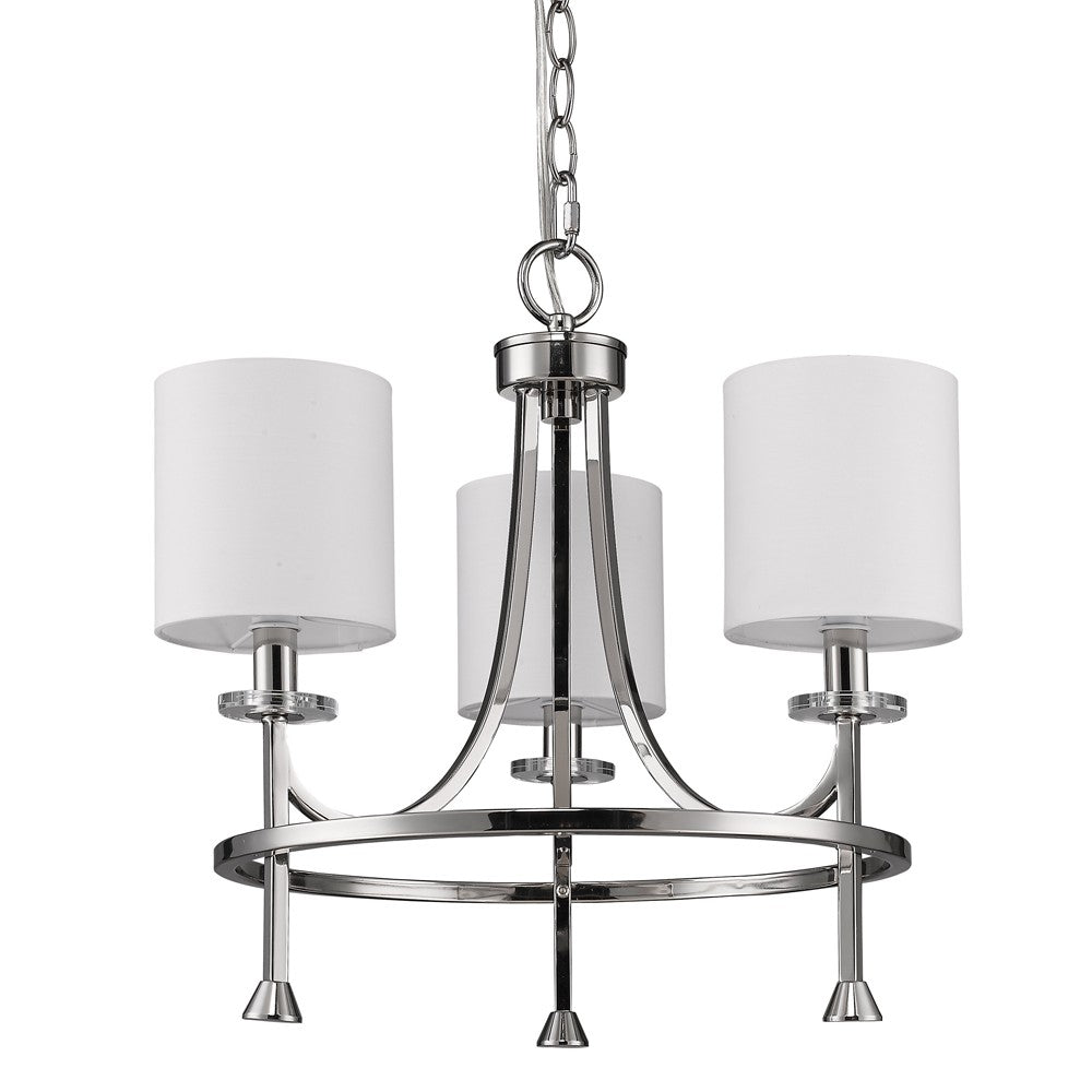 HomeRoots Kara 3-Light Chandelier With Fabric Shades And Crystal Bobeches in Polished Nickel Finish