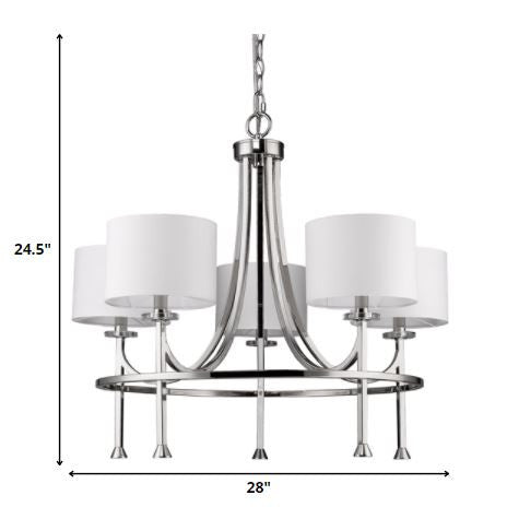HomeRoots Kara 5-Light Chandelier With Fabric Shades And Crystal Bobeches in Polished Nickel Finish