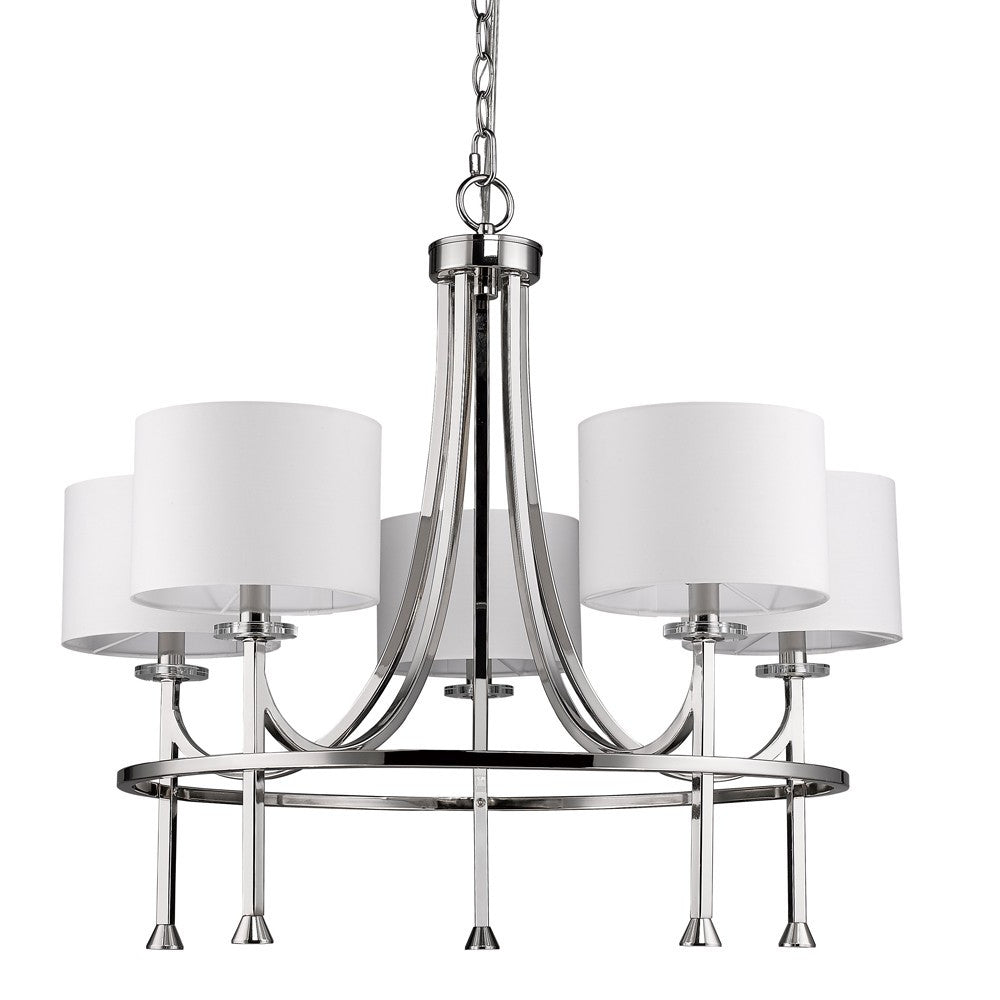 HomeRoots Kara 5-Light Chandelier With Fabric Shades And Crystal Bobeches in Polished Nickel Finish