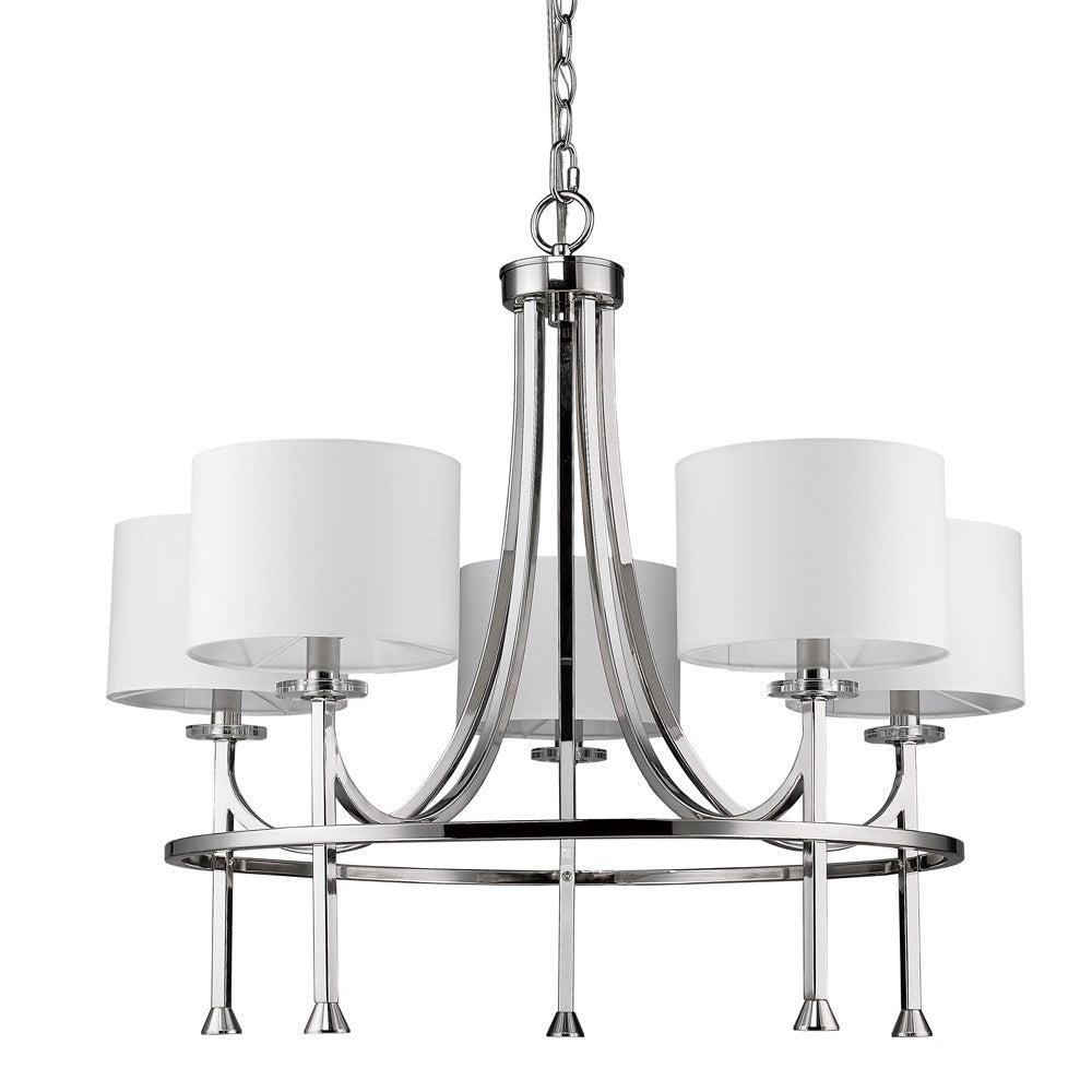HomeRoots Kara 5-Light Chandelier With Fabric Shades And Crystal Bobeches in Polished Nickel Finish